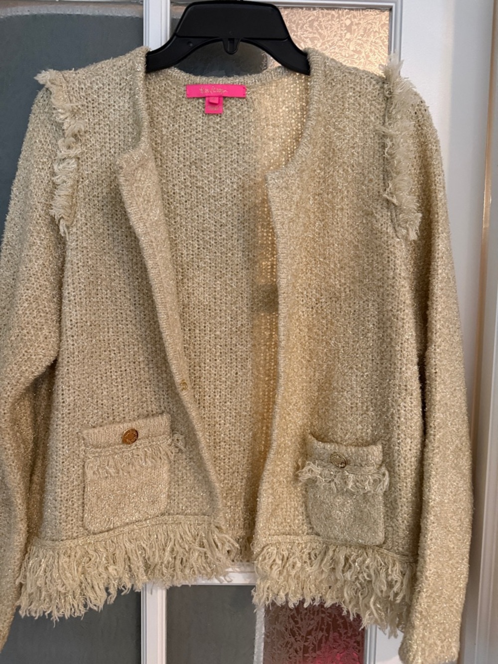 Lilly Pulitzer Neutral Beige Bouclé Fringe Cardigan